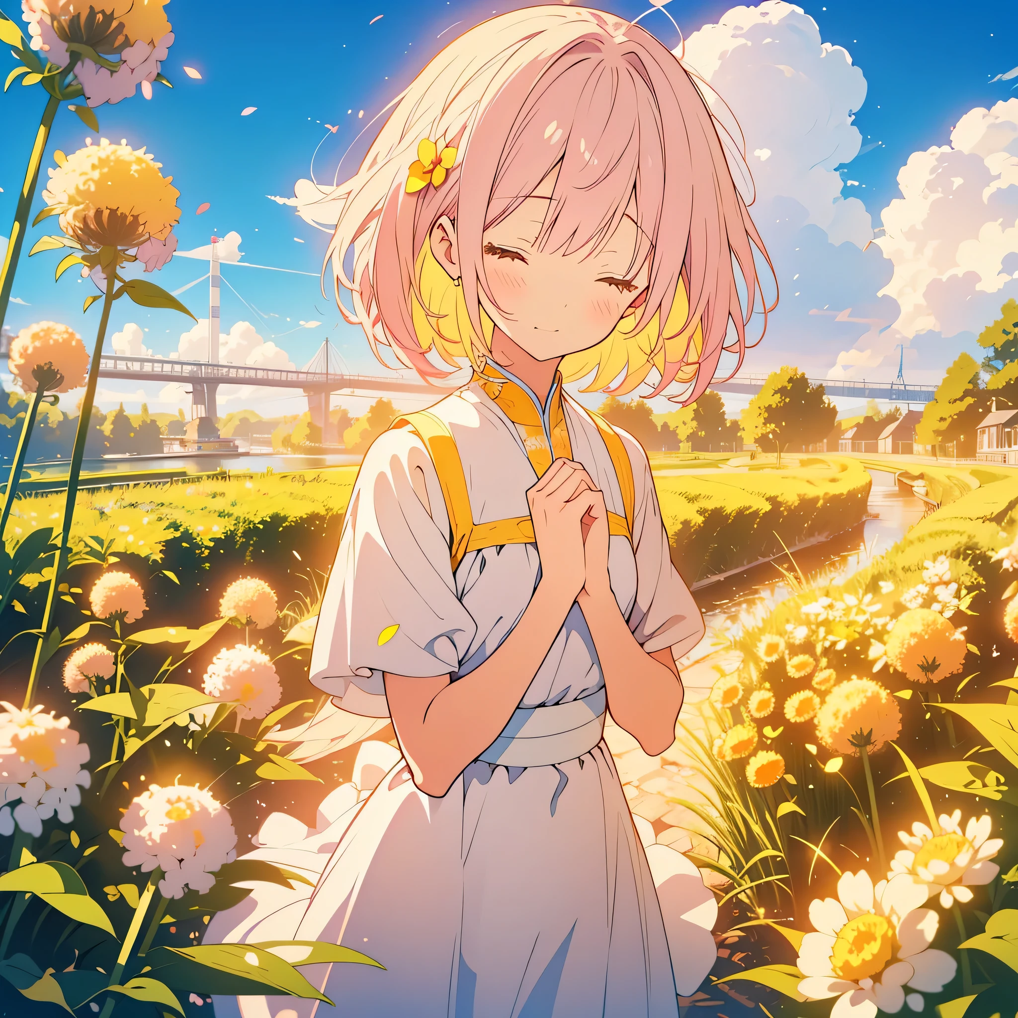 kawaii, anime, Cute, hyper quality, highly detailed, 8k, Clarity, Draw facial expressions in detail, A young girl with short light pink hair and closed eyes, pray with your hands on your chest, expression of agony, A yellow spherical allium blooms at my feet., hair fluttering, green wind blows, pure white long dress, morning dew, Amsterdam brick road residential area, 