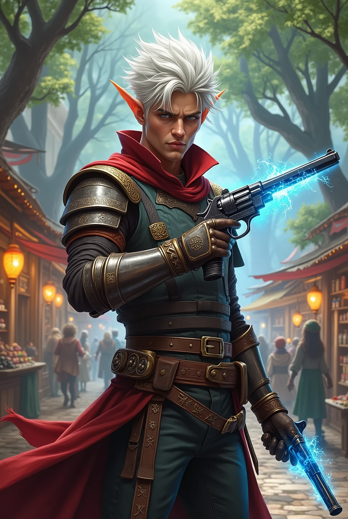 Half-Elf, DND 5e, Fighter/Wizard Multiclass, Gunslinger Subclass, White spiky hair, High quality, HD, Full-body, Male, Dual Pistols, magic bullets.