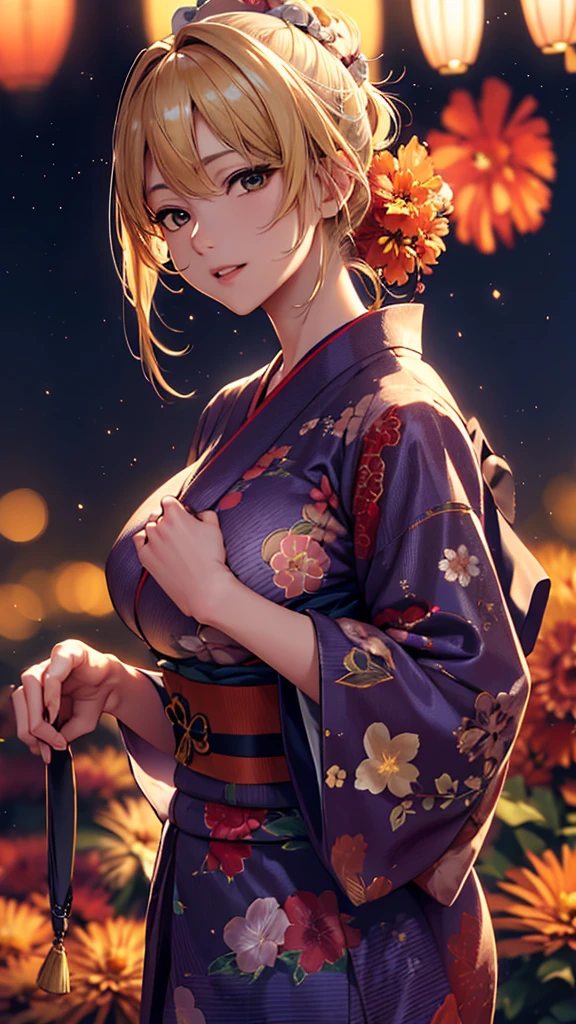 masterpiece, high quality, 4K, Beautiful design, silhouette，blonde， 非常に詳細な夜のStarry Sky,Flower Field， wonderful, Finer details,  Very knowledgeable woman, Highly detailed solo, 1 female,Big Breasts，Red color yukata，Night view，Starry Sky，Fireworks in the background，