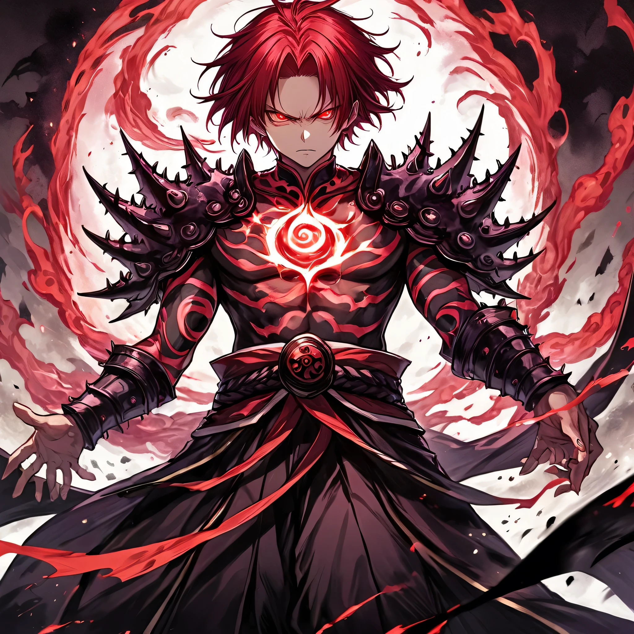 "Create an 8k UHD anime-style character named Sukuna. He is a powerful and malevolent figure with an intimidating presence. Sukuna has spiky crimson hair, sharp features, and glowing red eyes that emit a dangerous aura. His body is adorned with ancient, dark tattoos that swirl around his arms and chest, hinting at cursed powers. His outfit is a mix of traditional Japanese warrior clothing and modern touches, with flowing robes and armored accents. He should stand tall, with a confident and sinister expression, in a dark, mystical background with swirling energy."