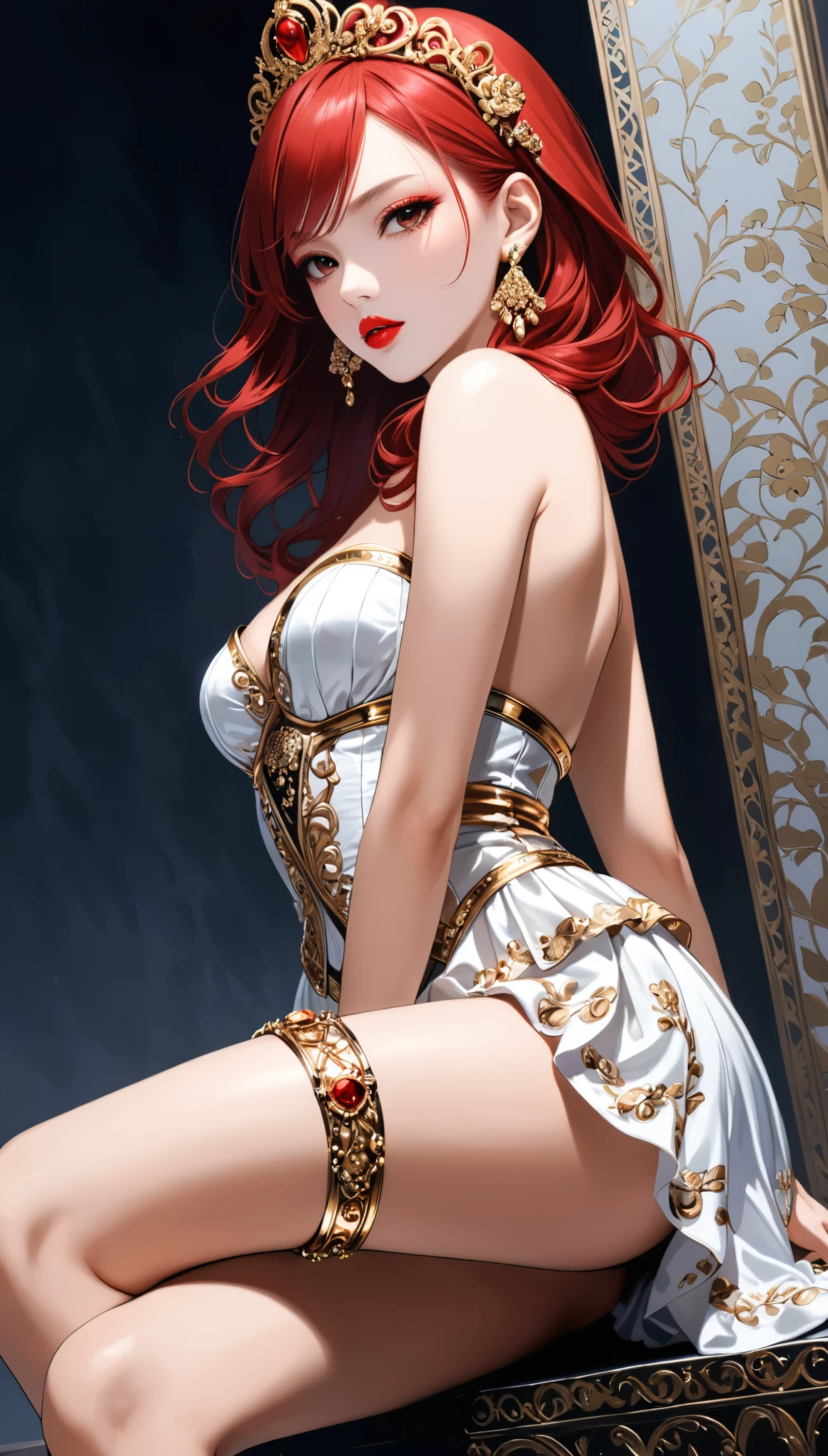 in style of Alexander McQueen
(1girl,character conceptual design),gravure_pose,knee_to_chest,sitting_backwards,lipstick,from below,feet out of frame,toe ring