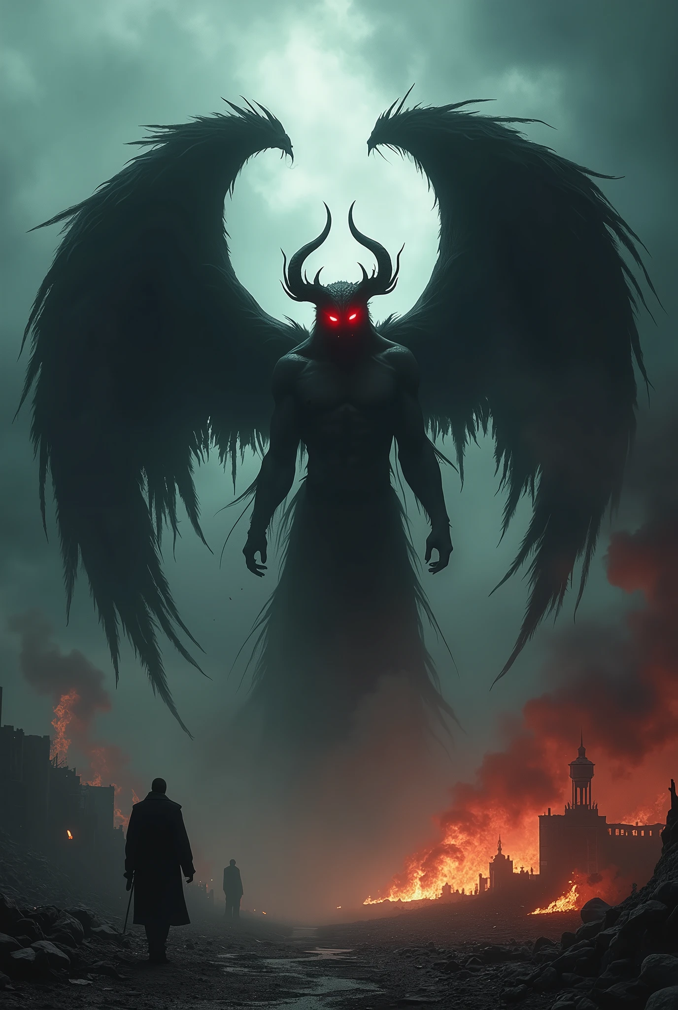 a demonic fallen angel, horns, black wings, glowing red eyes, dark energy, hellfire, apocalyptic, dystopian, dark fantasy, cinematic lighting, dramatic shadows, moody atmosphere, muted color palette, (best quality,4k,8k,highres,masterpiece:1.2),ultra-detailed,(realistic,photorealistic,photo-realistic:1.37)