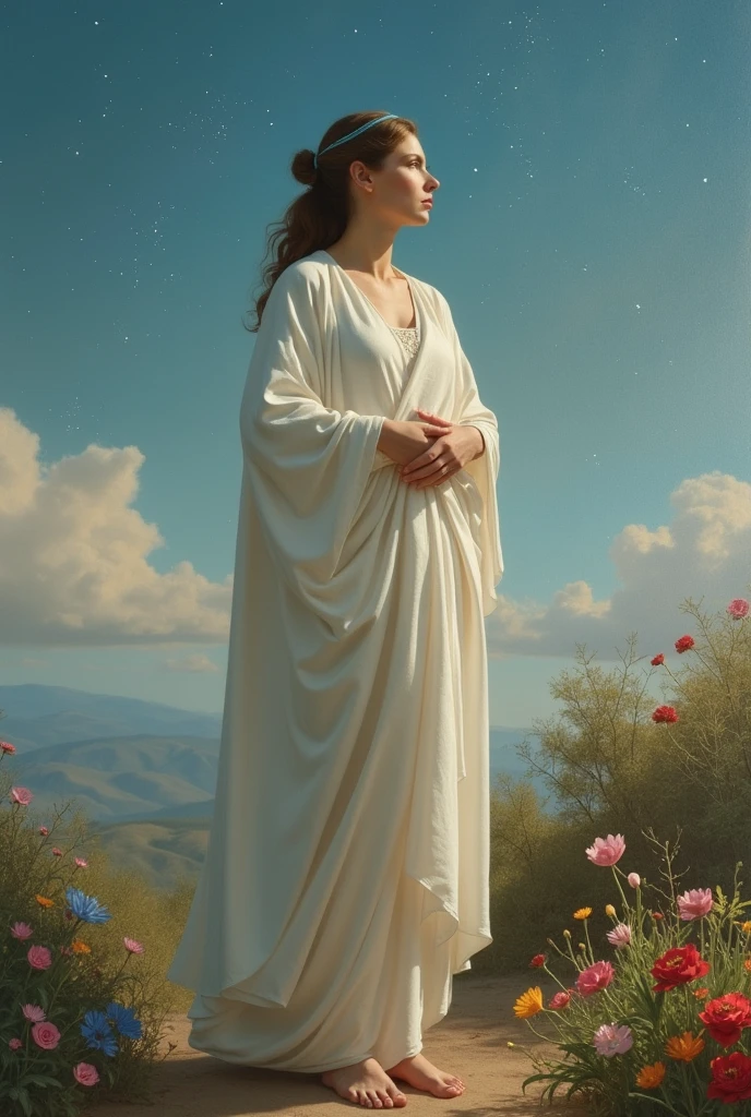 (((Blessed Virgin Mary of Mount Carmel))) light, in style similar to that of the artist WILLIAM ADOLPHE BOUGUEREAU, masterpiece, (The best quality: 1.2), (super fine: 1.2), illustration, (extremely delicate and beautiful: 1.2), movie angle, floating, (Beautiful eye of detail: 1.1), (light detail: 1.1), Movie Lights, delicate sky, blue eyes, (High ponytail: 1.1), layer, Ojuelos, starry sky, (light particles: 1.1) drawing, flower. (masterpiece), (The best quality), (photorealistic:1.3), 8k, Detailed skin texture, Detailed fabric texture, Beautiful detailed face, intricate details, ultra detailed (full body body:1.2)