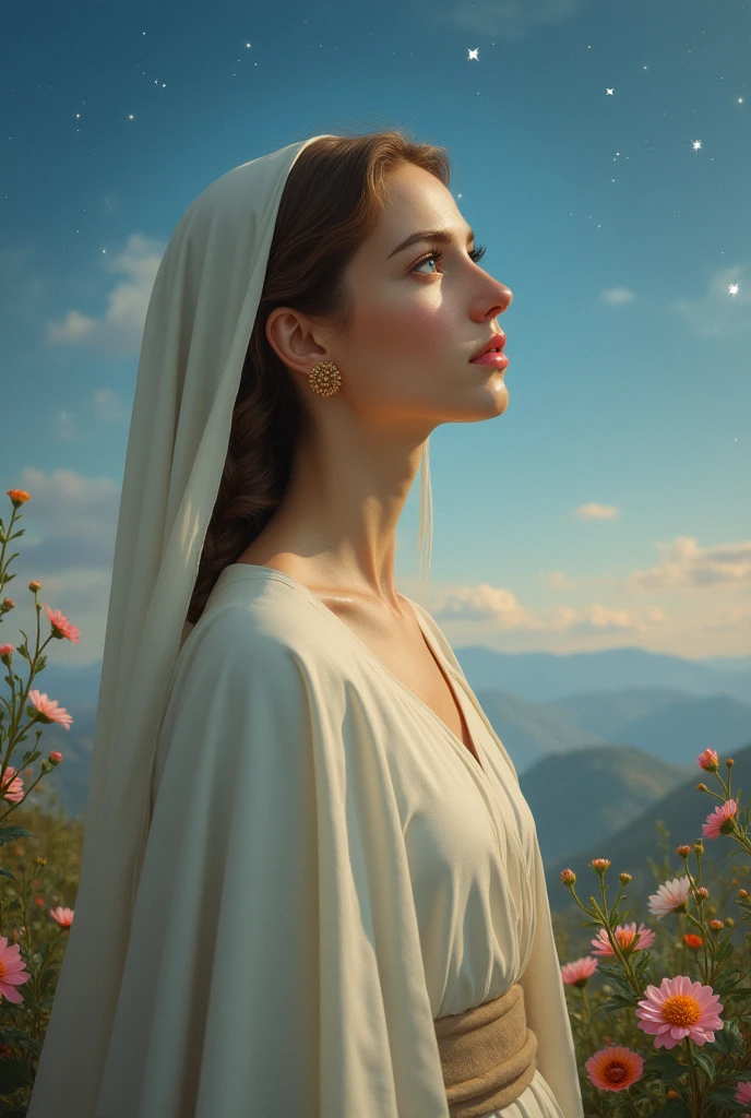(((Blessed Virgin Mary of Mount Carmel))) light, in style similar to that of the artist WILLIAM ADOLPHE BOUGUEREAU, masterpiece, (The best quality: 1.2), (super fine: 1.2), illustration, (extremely delicate and beautiful: 1.2), movie angle, floating, (Beautiful eye of detail: 1.1), (light detail: 1.1), Movie Lights, delicate sky, blue eyes, (High ponytail: 1.1), layer, Ojuelos, starry sky, (light particles: 1.1) drawing, flower. (masterpiece), (The best quality), (photorealistic:1.3), 8k, Detailed skin texture, Detailed fabric texture, Beautiful detailed face, intricate details, ultra detailed (full body body:1.2)