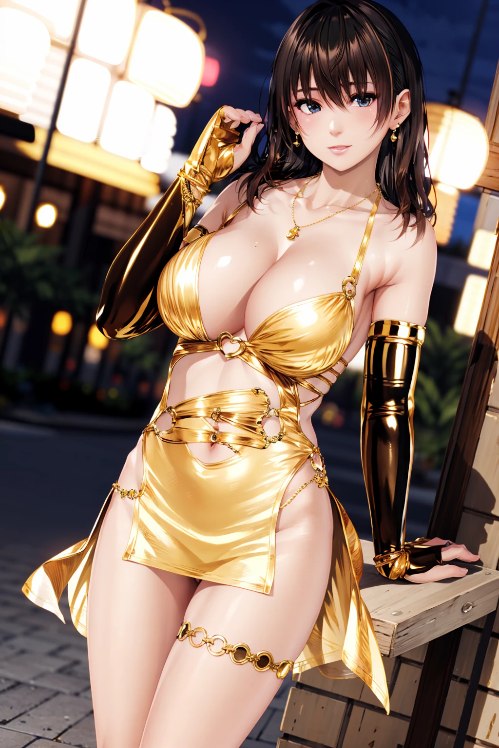 nanami, ultra realistic 8k cg, flawless, masterpiece, solo, 1girl, casino, rich, night dress, cutout, necklace, earring, golden, face focus, gleaming skin, elbow gloves, cleavage, shiny dress