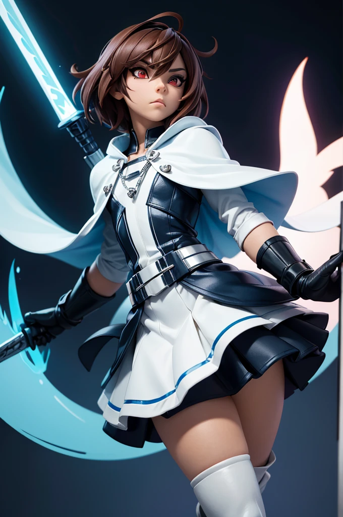 1boy, Femboy, superhero, crossdresser man, ager, in a uniform, white long sleeved shirt, long black skirt with a white stripe, with a blue cape, a blue glowing decal in the chest, black gloves and black boots, long technological red sword, brown skinned, red eyes, feminine shoulder length dark brown hair, wide hips, thick thighs , flat chest, narrow waist, walking down street a futuristic city at night ((only one character)), (((solo)))