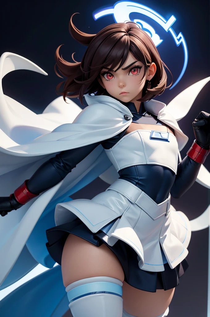 1boy, Femboy, superhero, crossdresser man, teenager, in a uniform, white long sleeved shirt, long black skirt with a white stripe, with a blue cape, a blue glowing decal in the chest, black gloves and black boots, long technological red sword, brown skinned, red eyes, feminine shoulder length dark brown hair, wide hips, thick thighs , flat chest, narrow waist, walking down street a futuristic city at night ((only one character)), (((solo)))