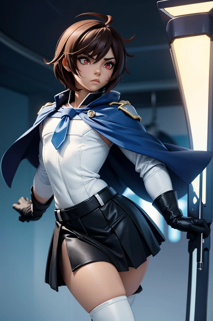 1boy, Femboy, superhero, crossdresser man, teenager, in a uniform, white long sleeved shirt, long black skirt with a white stripe, with a blue cape, a blue glowing decal in the chest, black gloves and black boots, long technological red sword, brown skinned, red eyes, feminine shoulder length dark brown hair, wide hips, thick thighs , flat chest, narrow waist, walking down street a futuristic city at night ((only one character)), (((solo)))