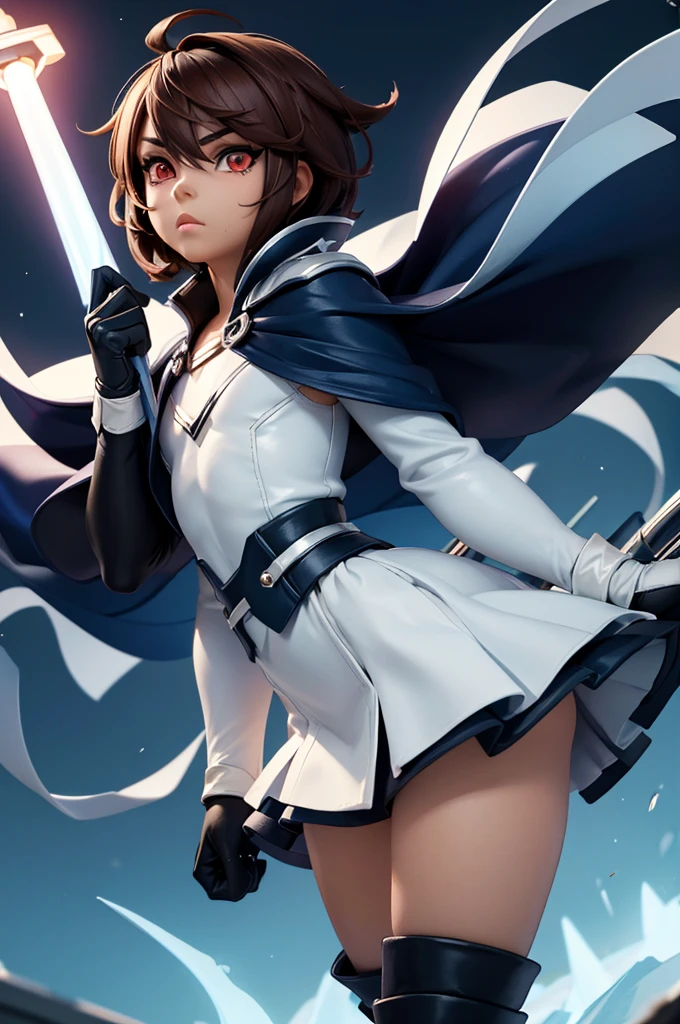 1boy, Femboy, superhero, crossdresser man, teenager, in a uniform, white long sleeved shirt, long black skirt with a white stripe, with a blue cape, a blue glowing decal in the chest, black gloves and black boots, long technological red sword, brown skinned, red eyes, feminine shoulder length dark brown hair, wide hips, thick thighs , flat chest, narrow waist, walking down street a futuristic city at night ((only one character)), (((solo)))