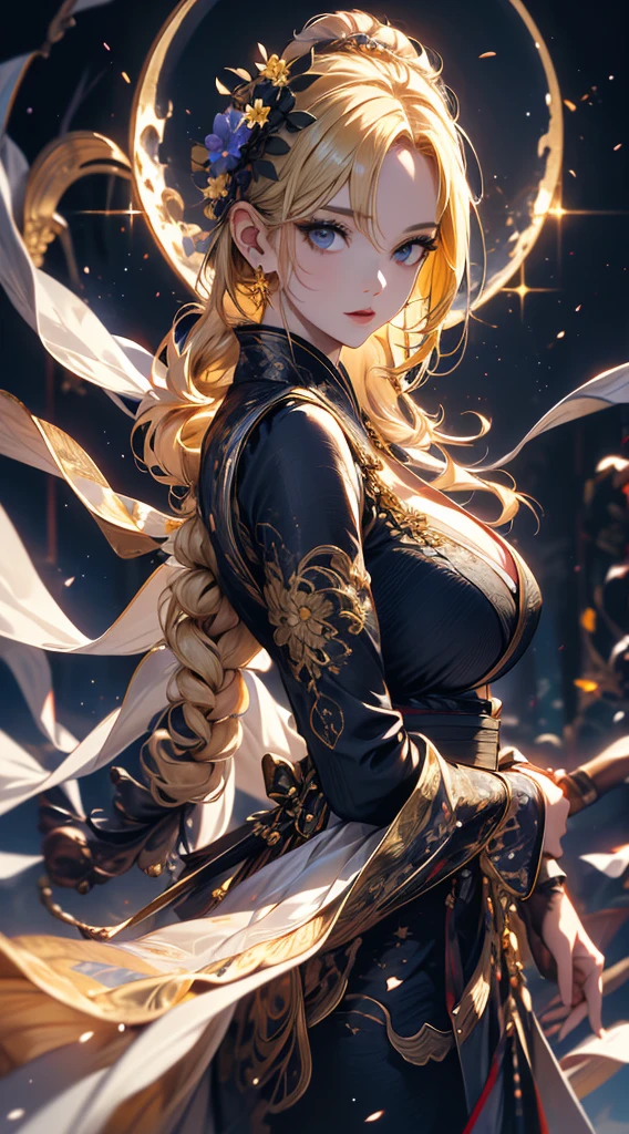 masterpiece, high quality, 4K, Beautiful design, silhouette,blonde, 非常に詳細な夜のStarry Sky,Flower Field, wonderful, Finer details, Very knowledgeable woman, Highly detailed solo, 1 female,Big Breasts,Tight Dress,Night view,Starry Sky,full moon,