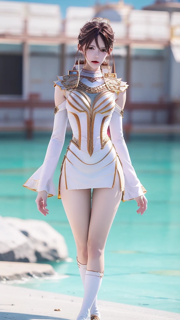 Anime girl in white dress walking on beach, fantasyoutfit, fantasy style clothing, 3 D rendering character art 8 K, realistic fantasy rendering, stuning fantasy 3 d render, wearing fantasy clothing, render of a cute 3d anime girl, 8K high quality detailed art, photorealistic anime girl rendering, anime styled 3d, hyper-detailed fantasy character