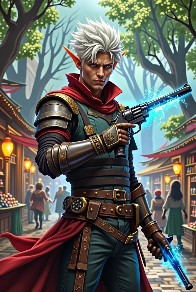 Half-Elf, DND 5e, Fighter/Wizard Multiclass, Gunslinger Subclass, White spiky hair, High quality, HD, Full-body, Male, Dual Pistols, magic bullets.