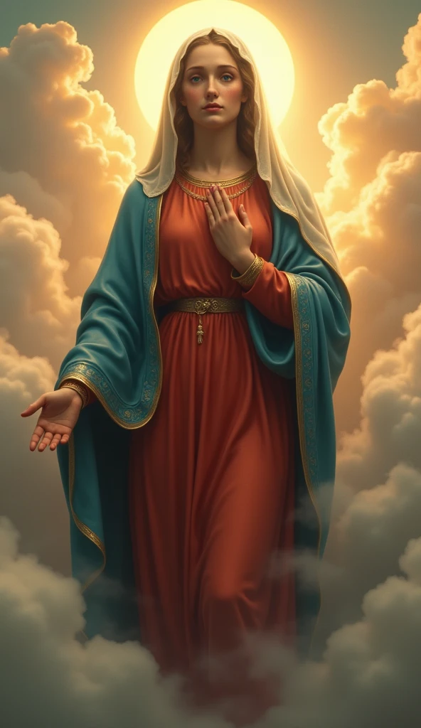 (Photorealism:1.2), The beautiful Virgin Mary looks at you with tears in her eyes in the clouds, Red tunic, blue coat and veil、Halo, Perfect Virgin Mary, Real Virgin Mary, Perfect five hands, Perfect tear face, elegant, Soft lighting, Cloudy, Stand up straight, Realistic, Intricate details, Warm colors,