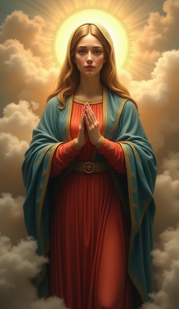 (Photorealism:1.2), The beautiful Virgin Mary looks at you with tears in her eyes in the clouds, Red tunic, blue coat and veil、Halo, Perfect Virgin Mary, Real Virgin Mary, Perfect five hands, Perfect tear face, elegant, Soft lighting, Cloudy, Stand up straight, Realistic, Intricate details, Warm colors,