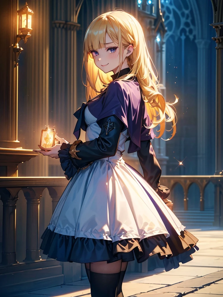 (Official Art、Highest quality、Unity 8k wallpaper、32K、masterpiece、Ultra-detailed、Ultra-high resolution、Realistic、Photorealistic:1.2)、(Cinema Lighting:1.2)、Mean face、evil eye、Cold Eyes、 Long eyelashes、Purple Eyes、 Fire Glow Effect、Film Grain、Best Shadow、Rim Light、Side light、Side Shot、(Highly detailed and intricate 3D rendering)、細部までBeautiful Faceと目、Sharp pupils、Realistic生徒、Slender、1men and women、Medium Bust、(whole body:1.2)、 Highly detailed background、Beautiful Face、Beautiful girl、(Highly detailed skin、Detailed skin texture:1.3)、(Half Blonde、Colorful Hair:1.3)、Blunt bangs、Purple Aijical girl costume、White shirt、Costumes with frills、Frilled Skirt、Knee socks、(Thighs Thighs Thighs Thighs:0.8)、Black boots、(Fantasyで美しい夜空、cathedral:1.4)、(Have a magic wand:1.3)、(From the side:1.3)、Fantasy、Wicked Smile、I opened my mouth a little.