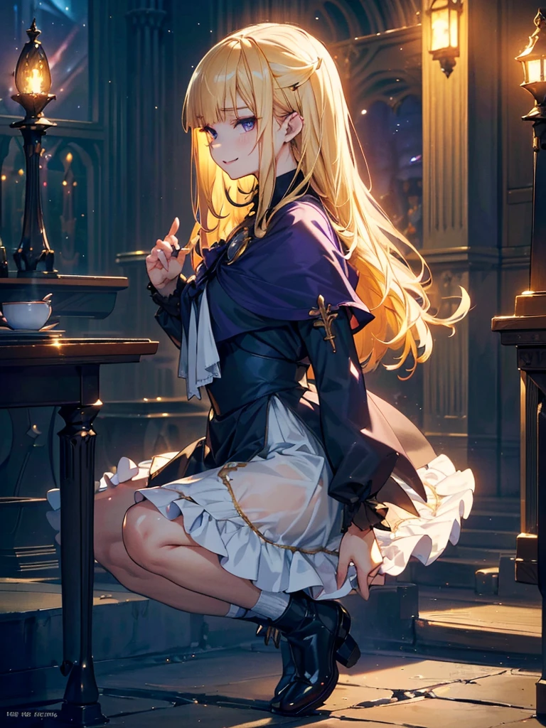 (Official Art、Highest quality、Unity 8k wallpaper、32K、masterpiece、Ultra-detailed、Ultra-high resolution、Realistic、Photorealistic:1.2)、(Cinema Lighting:1.2)、Mean face、evil eye、Cold Eyes、 Long eyelashes、Purple Eyes、 Fire Glow Effect、Film Grain、Best Shadow、Rim Light、Side light、Side Shot、(Highly detailed and intricate 3D rendering)、細部までBeautiful Faceと目、Sharp pupils、Realistic生徒、Slender、1men and women、Medium Bust、(whole body:1.2)、 Highly detailed background、Beautiful Face、Beautiful girl、(Highly detailed skin、Detailed skin texture:1.3)、(Half Blonde、Colorful Hair:1.3)、Blunt bangs、Purple Aijical girl costume、White shirt、Costumes with frills、Frilled Skirt、Knee socks、(Thighs Thighs Thighs Thighs:0.8)、Black boots、(Fantasyで美しい夜空、cathedral:1.4)、(Have a magic wand:1.3)、(From the side:1.3)、Fantasy、Wicked Smile、I opened my mouth a little.