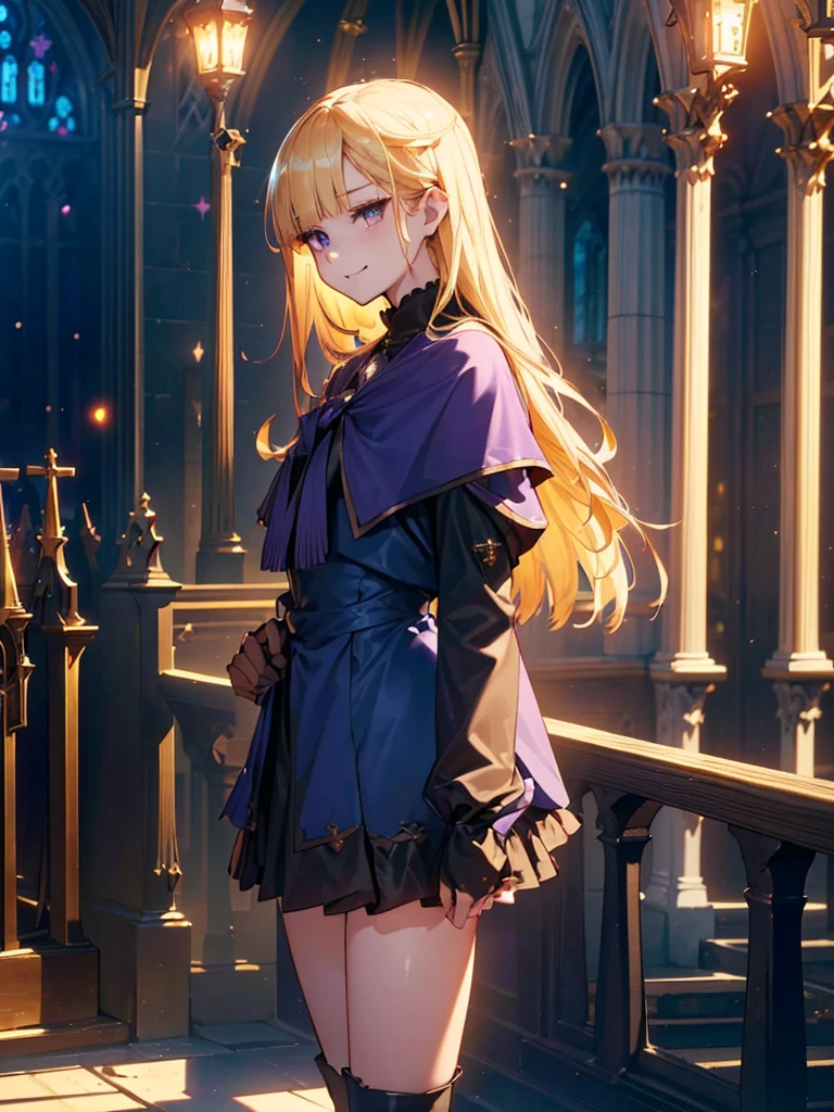 (Official Art、Highest quality、Unity 8k wallpaper、32K、masterpiece、Ultra-detailed、Ultra-high resolution、Realistic、Photorealistic:1.2)、(Cinema Lighting:1.2)、Mean face、evil eye、Cold Eyes、 Long eyelashes、Purple Eyes、 Fire Glow Effect、Film Grain、Best Shadow、Rim Light、Side light、Side Shot、(Highly detailed and intricate 3D rendering)、細部までBeautiful Faceと目、Sharp pupils、Realistic生徒、Slender、1men and women、Medium Bust、(whole body:1.2)、 Highly detailed background、Beautiful Face、Beautiful girl、(Highly detailed skin、Detailed skin texture:1.3)、(Half Blonde、Colorful Hair:1.3)、Blunt bangs、Purple Aijical girl costume、White shirt、Costumes with frills、Frilled Skirt、Knee socks、(Thighs Thighs Thighs Thighs:0.8)、Black boots、(Fantasyで美しい夜空、cathedral:1.4)、(Have a magic wand:1.3)、(From the side:1.3)、Fantasy、Wicked Smile、I opened my mouth a little.