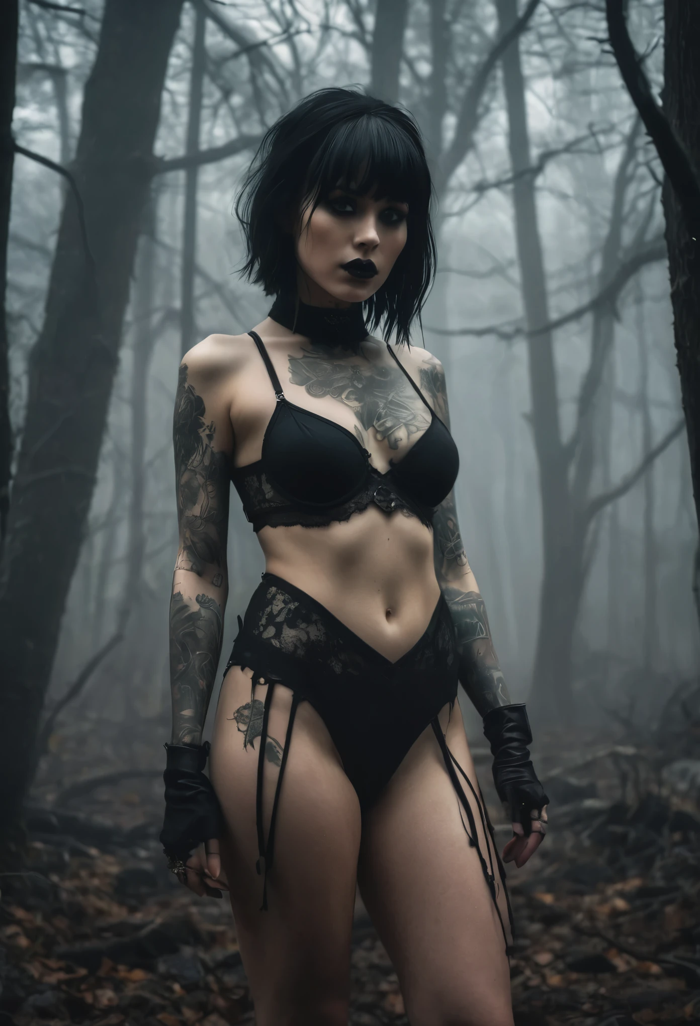 (Best Quality,hight resolution,Masterpiece, full body shot:1.2),Ultra-detailed, woman in a creepy forest, she's wearing a black g-string thong and a black bra, black metal make-up, pale white skin, tattoes, creepy make-up, foggy and cold atmosphere, dripping make-up, wet ambient, esoteric tattoes, tattoed neck, cold atmosphere, horror aesthetic, gothic aesthetic, high waisted g-string thong, seen frontally, full body photography, centered subject,gloomy ecstasy,fetish,dark gloomy atmosphere, creepy atmosphere, gritty texture,Retro-atmosphere,warped reality,melancholic expression on his face,mysterious aura,foggy atmosphere,foggy background,Subtle color palette,provocative pose,Strong emotions,Coming Out of the Depths of Despair,Piercing gaze,intense shadows,Plunged in Darkness,dark industrial aesthetic,ominous vibe,A supernatural sensation,Loss of Place in Time and Space,Eerie silence.asymmetrical bangs, freckles, black short hair, Bangs, freckles, gray eyes,