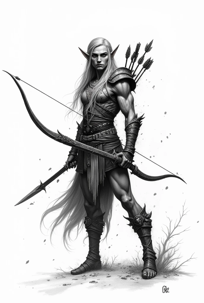 plano general, whole body, bloom, monochrome, ink sketch,((1 lone elf, Bow and arrows, strong and robust, elf clothes, dynamic pose:1.5)), fighting stance, looking at the viewer, Scales, (abstract ink splash:1.2), White background