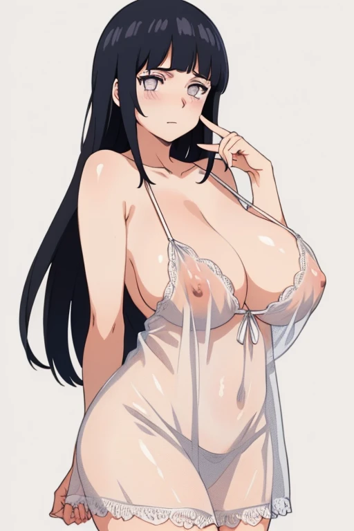 (perfect detailed anatomy:1.5, beautiful detailed face:1.3, beautiful detailed eyes:1.2, beautiful skin, perfect arms & fingers:1.5), (masterpiece, top-quality, hight resolution:1.2), (anime screencap,1.5, anime-keyvisual), (ultra_detailed, 4k, UHD:1.2), (photorealistic, pixiv:1.3, the perfect body), NSFW, hinata\(shippuden\), 1girl, cute, black long hair, solo, blush:1.5, (huge breasts:1.5), (negligee:1.5), (arm behind back:1.5), (glamorous:1.3), (cowboy shot:1.5, standing), (simple background), (thick outline, black outline)