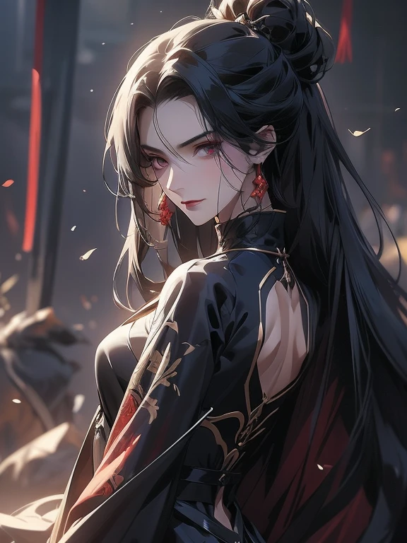 (Confused, high resolution, very detailed), 1 woman, black hair,long hair,Crimson eyes,Blue and black battle clothes,24th generation,beauty,mature,thin,quiet,careful,small smile,Long cloak,Slender and thin,,skinny pants,grassland,hill,big bust, purple eyes