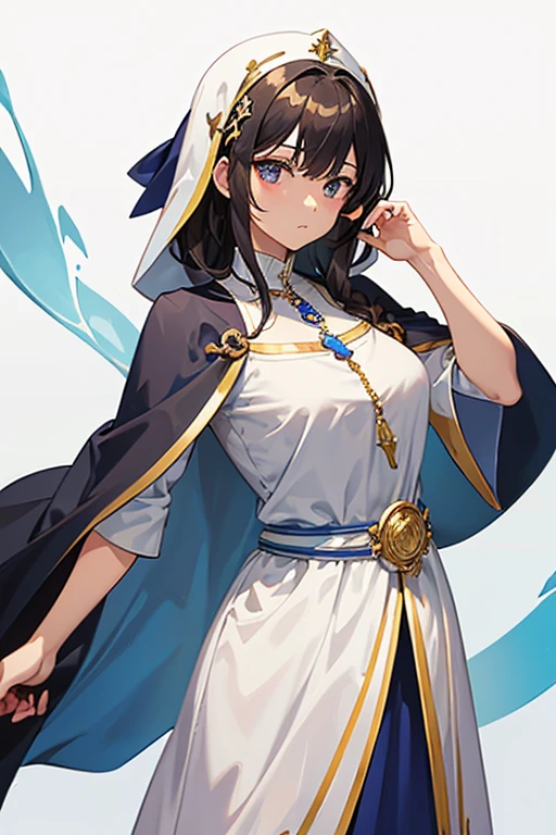 Esther is a 1, with a serious face, light skin and short light brown hair. looking straight ahead He has bangs hanging on both sides, blue "lapis lazuli" eyes. She wears a blue nun's robe. She wears a white nun's habit with blue trim. He wears a rosary around his neck. and holds a bible with gold leaves on his belt and carries a gold gun.looking at viewer with white background