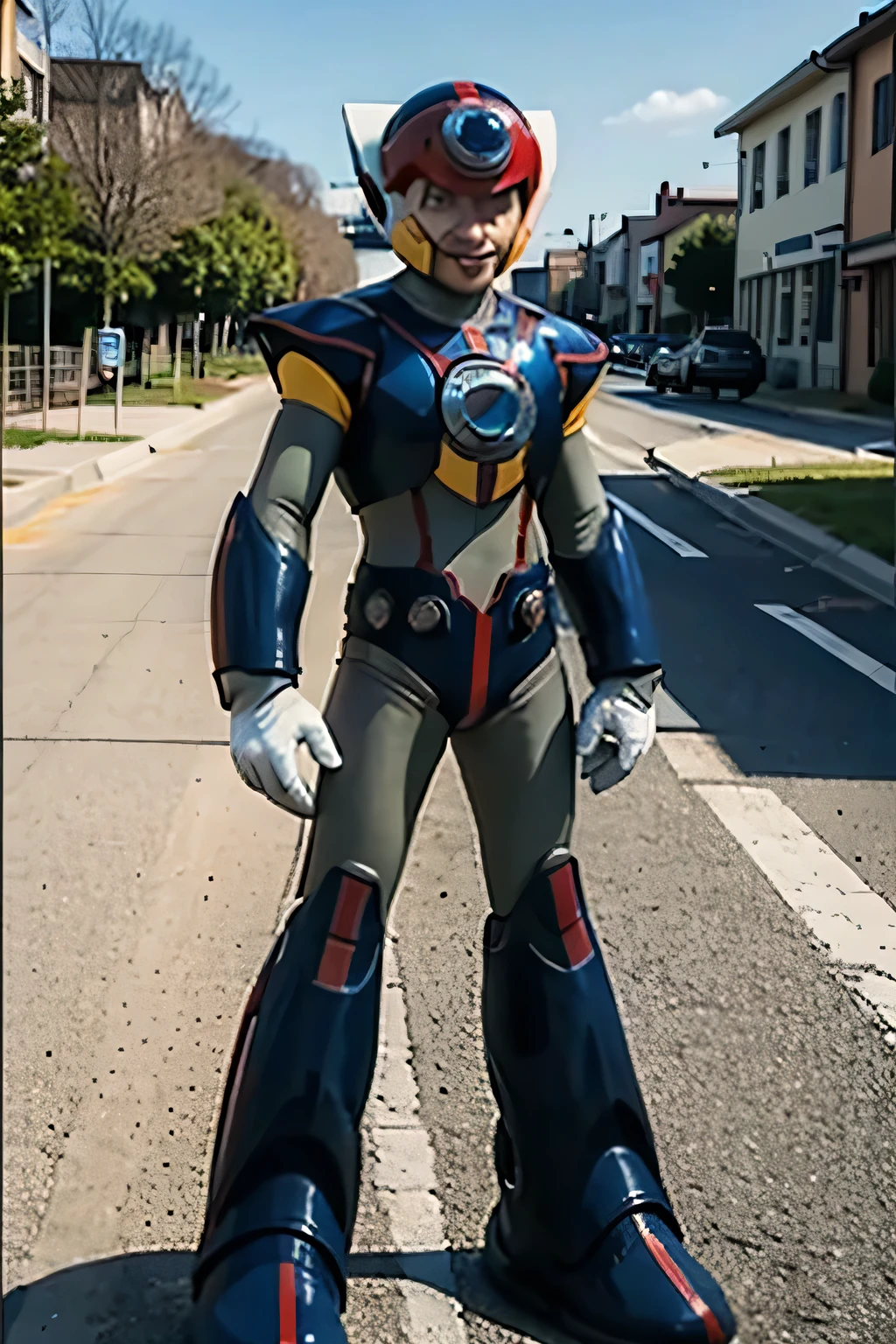 masterpiece,best quality,1boy,axl,brown hair,spiked hair, armor, white gloves, green eyes,helmet,(scar,scar on face,X-shaped scar:1.2),standing, android, mechanical body, metal, park, day, confident smile,outdoors,(science fiction,scifi,sci-fi,futuristic:1.1), frontal angle, looking at viewer, action pose, live action, hyperrealism, hd, 4k