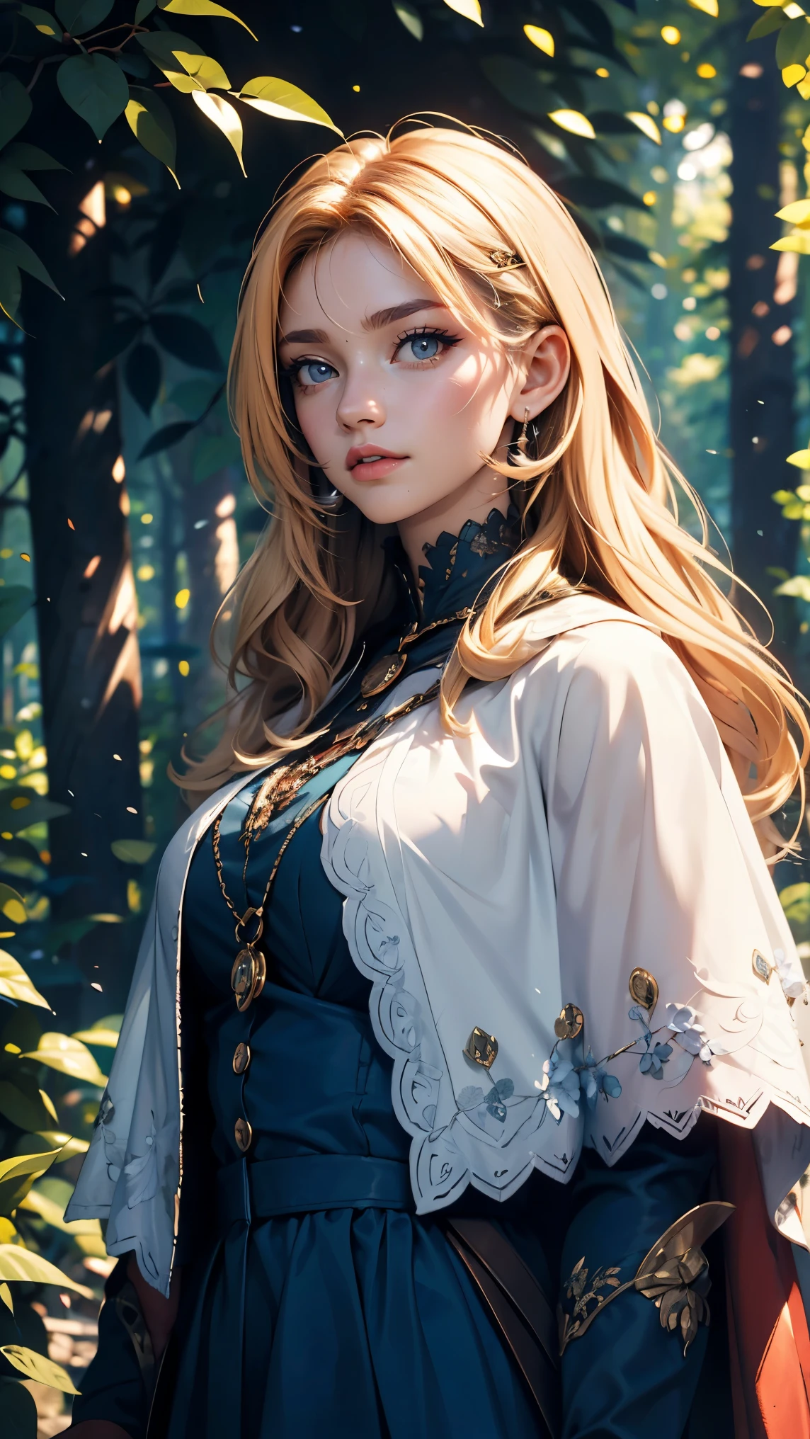 masterpiece, Highest quality, Marianne_Time Skip, Blue clothes, Capelet, Dark alpine forest, Are standing, night, look up, Upper Body, Detailed face 