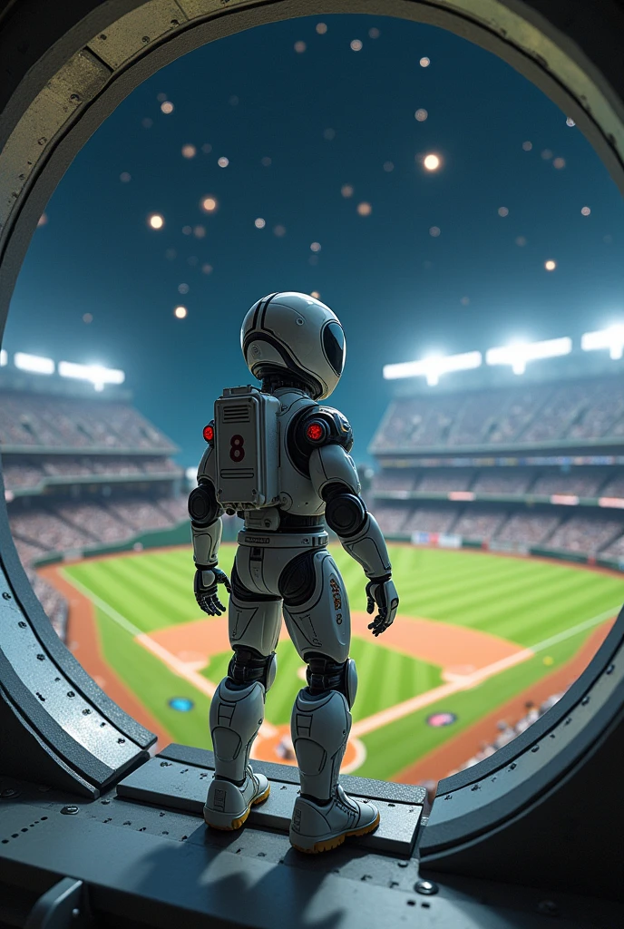 (Best Quality, 4k, ultra detailed, High resolution, masterpiece: 1.2),(wide angle, android Baseball Player:1.5), There is a character seen from afar.., located at a high observation point:1.4. It is small compared to the surroundings..., highlighting the magnitude of the Baseball field . The character is equipped with a spacesuit..:1.5, with flashing lights and mechanical details. View of outer space: openings'Through the ship's, you see a vast starry expanse. The stars are unevenly distributed..., creating variable densities and suggesting the remoteness of some celestial objects.