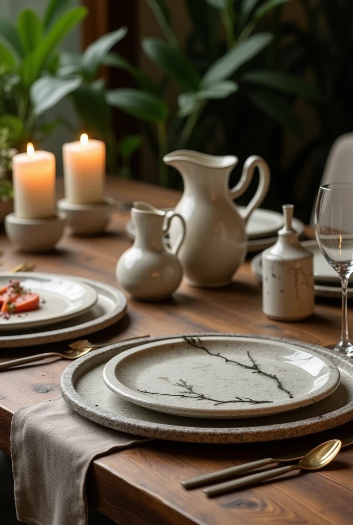 set of luxury tableware and trays made of stone for haute cuisine