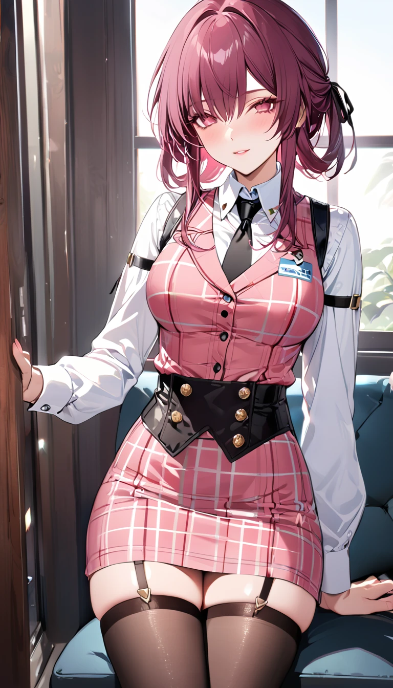 (masterpiece, top quality, best quality, official art, beautiful and aesthetic:1.2),(8k, best quality, masterpiece:1.2), (((masterpiece))),(((best quality))),(((extremely detailed))),illustration, who, (masterpiece, top quality, best quality, official art, beautiful and aesthetic:1.2),(8k, best quality, masterpiece:1.2), masterpiece, best quality, illustration, highres, ultra-detailed, 1girl, upper body, kafka \(honkai: star rail\), purple hair, purple eyes, eyeliner, (pink plaid vest and skirt:1.5), (white dress shirt:1.4), (black necktie:1.6), (name badge:1.4), (black thigh-high stockings:1.5), (button details:1.4), (checked pattern:1.3), (fitted outfit:1.5), (corporate fashion:1.4), (business casual:1.3), (slightly ruffled shirt:1.2), (structured vest:1.4), (short skirt:1.3), (chic style:1.5), (clean lines:1.4), white background, simple background