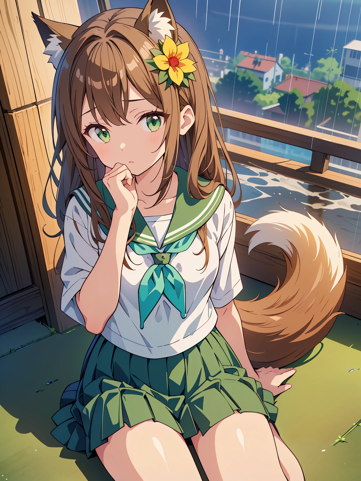 An anime character sitting on the floor with their hand on their chin. (masterpiece, Highest quality, High resolution), One person, alone, Oversized fox tail，Long brown hair，Green Eyes，Small flower head dress, (13-year-old junior high school student)，modern architecture，It rained heavily，Schoolgirl uniform wet with rain_Wet clothes reveal underwear，