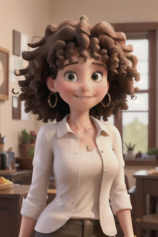 White woman with curly hair, friendly and confident looking.