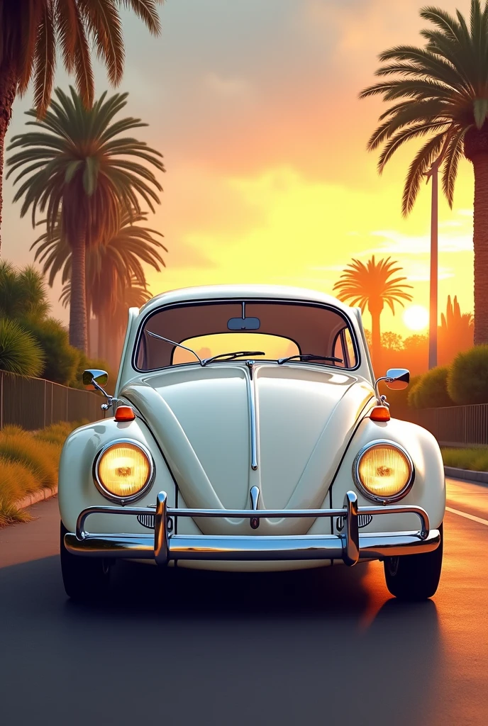 
               
                    Vintage car, white beetle, a realistic image of a classic Volkswagen Beetle car. High quality ( perfect anatomy ) Extremely detailed, realistic, delicate, high quality

                Background, sunset glow, countryside street scene, palm trees, high resolution, masterpiece, super detailed, realistic, exquisite, fresh and elegant aesthetic style airbrush digital oil painting exquisite artwork   