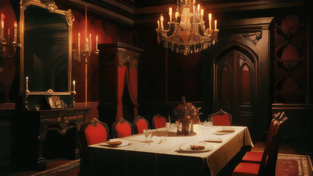 gothic style room, scary, aristocratic room, night, no light, No people, red wallpaper, kitchen, a table laden with food, There is a lot of food on the table., feast