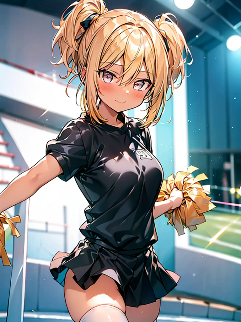 best quality. 4k. 8k. 1girl. a cute girl. black skin. blond hair. short twintails. cheerleader. latex. (looking at viewer). standing. light smile. stadium 