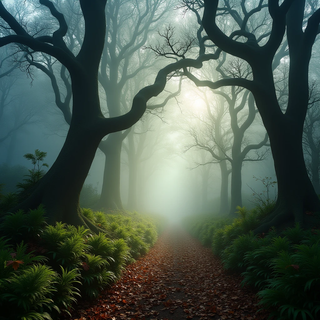Mysterious forest shrouded in morning mist、photograph