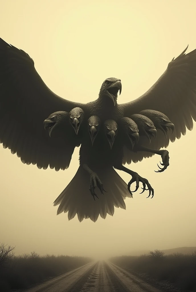 7 headed scary bird that is very large and flying, its style is vintage or brown and has plain background. Make sure it has seven heads. Make it look scary