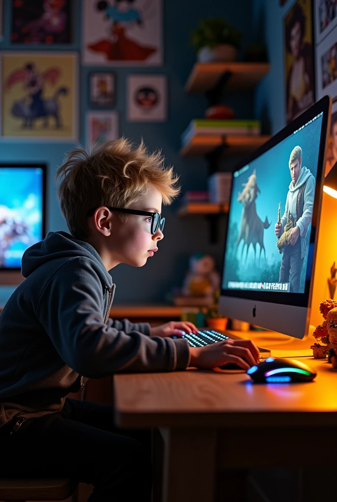 Boy wearing glasses, sitting in front, using the keyboard and a mouse on the side