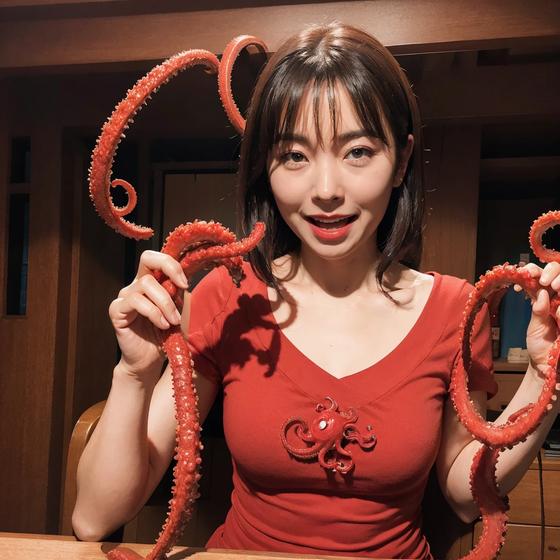 Medium Size Display, Medium Shot, Written boundary depth, bust, Upper Body, Movie angle, masterpiece, Highest quality, Very detailed, CG, 8k wallpaper, Beautiful Face, Delicate eyes, Otome, alone, smile, bangs, skirt, shirt, have, Crimson Dress, bow, petal, bouquet、Tentacles all around、woman with tentacles、Octopus、open mouth,eating