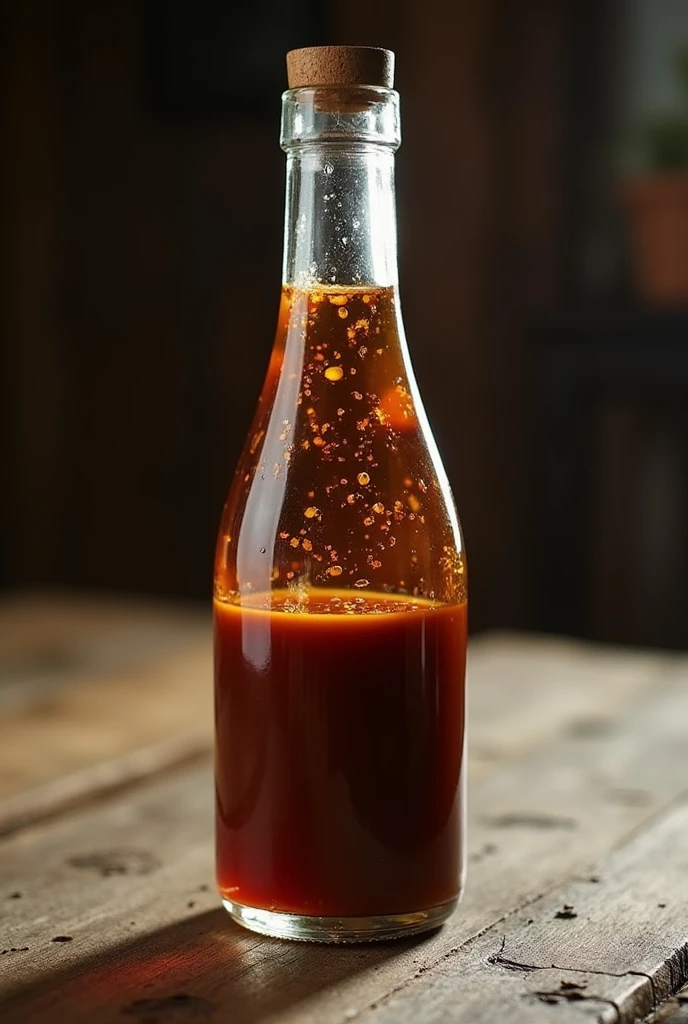 " Zinc fortified tamarind sauce "  name only label at glass bottle, half fill with solid sauce color , bottle at on wood table , do not add any other text in table
