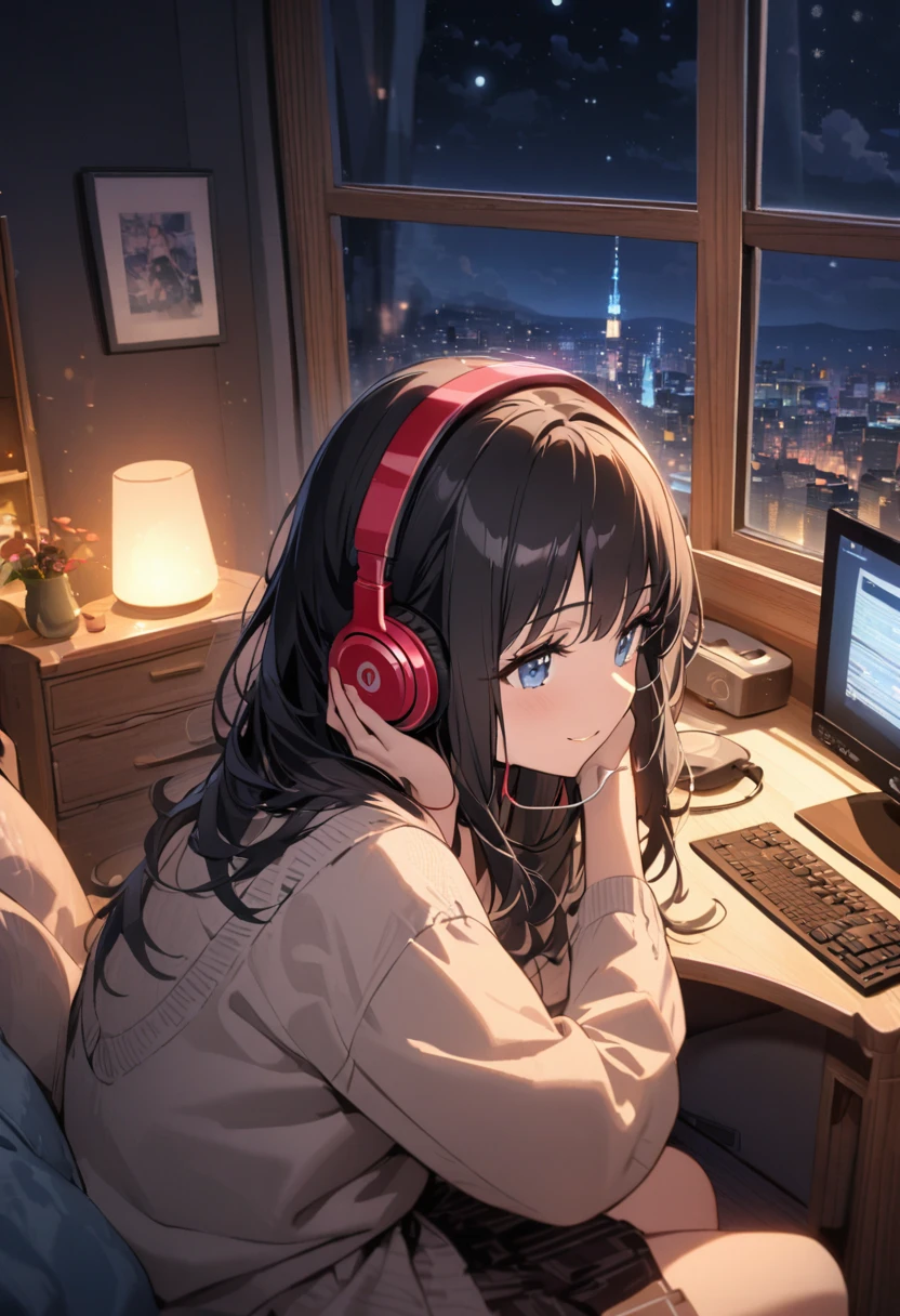 A pretty woman wearing a skirt, alone, A gentle smile on her face, Black Hair, blue eyes, Beautiful depiction,A woman sitting in front of a computer in a cozy bedroom, A woman listening to music in a cozy room. (night), Use headphones, (beautiful night views from windows), city,Very detailed
