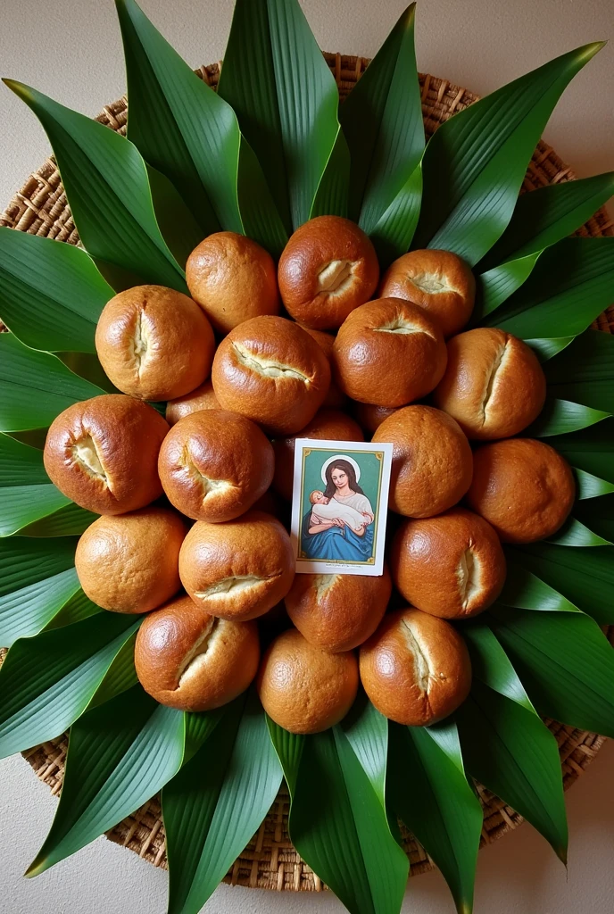 Big plate that made from old grass like breeds , on top of that plate there is paved green round wide leafs,and on top of leafs there is in between round and oval shape brown unbroken breads,and nearby there is small Birth photo of Jesus Christ with his mother Virgin Mary.