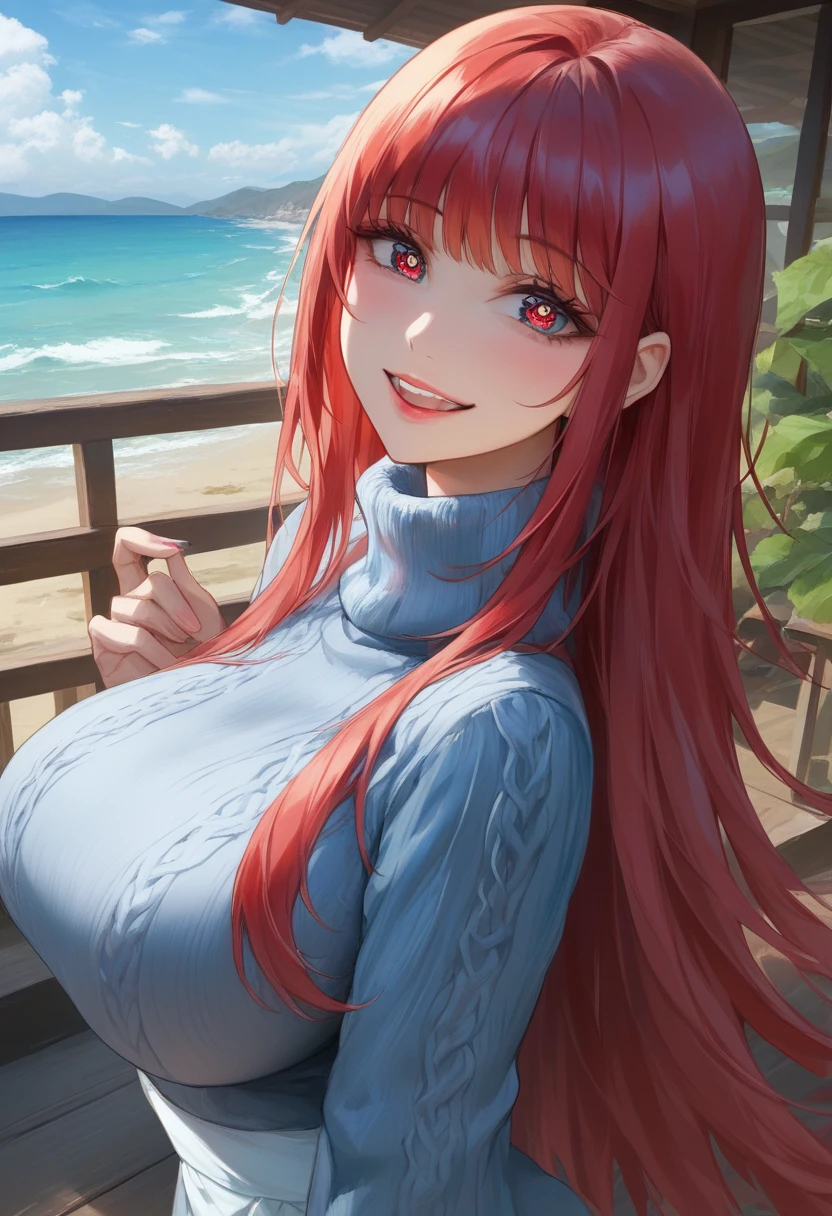 ( highest quality、high detail:1.1、Very attractive adult beauty、Adds intense highlights to the eyes、backwards、look back、Beautiful woman full of adult charm、perfect anatomy、long hair、shiny hair、lip gloss),1 girl, alone, realistic、Please tilt your head slightly, short and shiny hair、 knit sweater、stylish muffler,bangs、Big eyes、eyelash、face is a little red、embarrassing)、((Road system in Italy in winter、Absolutely beautiful bangs:1.4))、Big eyes、Give students very powerful highlights、(huge breasts:1.4}、very big breasts、very beautiful beauty、please show me your ears、long neck、smile a little、beautiful teeth、open your mouth and smile、heart shaped eyes))、28 years old、very cute super model、expensive、Description from a bird's-eye view、masterpiece、Description above the waist、Cafe Terrace、Seaside