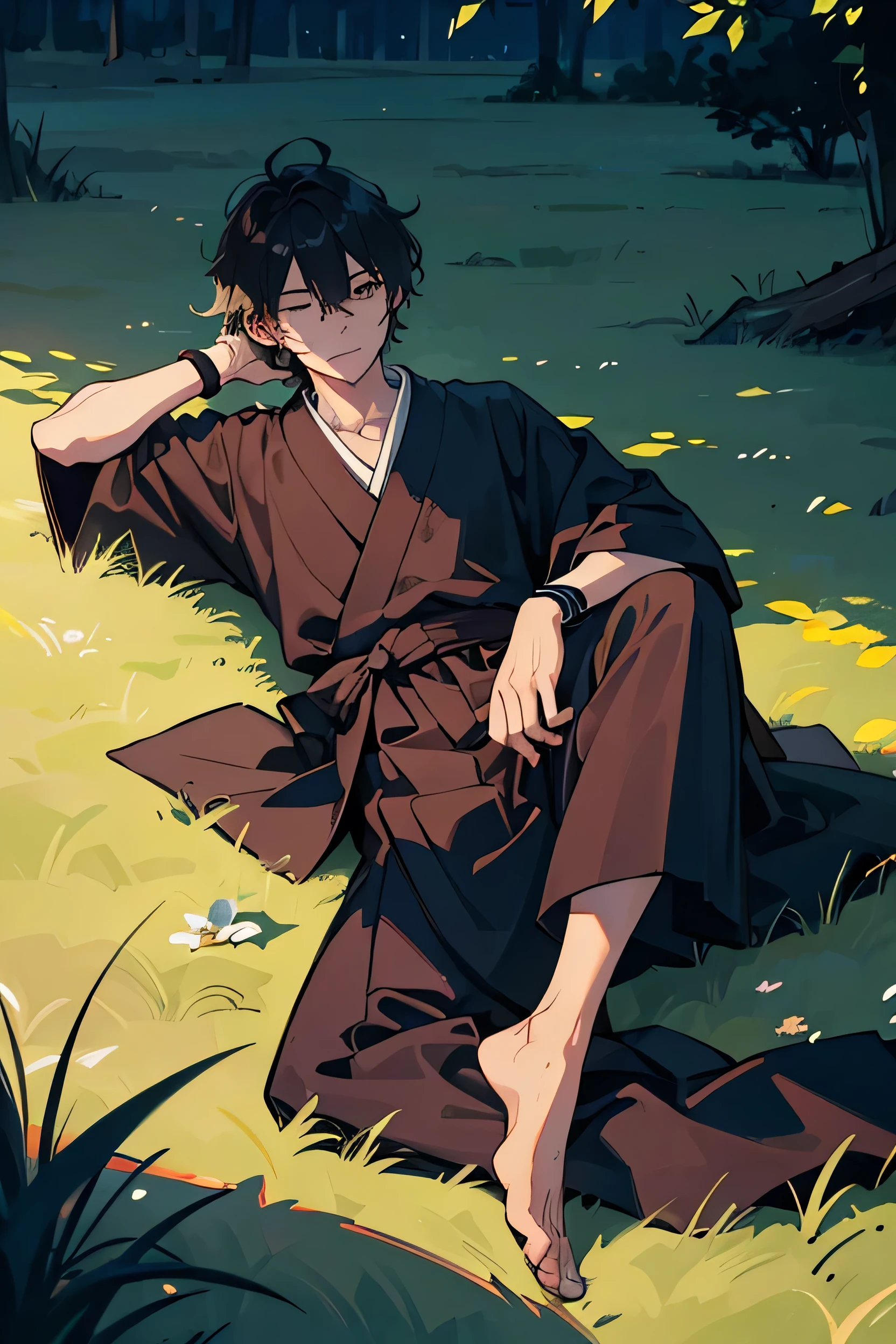 high quality, FHD, grassland, boy, intelligent, expressionless, lying down, lying on back, cross-legged, outside, in the grassland, blue sky and shining lights, with a grassland, in the afternoon, calm atmosphere, anime, 2d anime, full body shot, front view, dutch angle shot, midday, warm lighting, depth of field, cool, wearing hakama, wristband, half open eyes, messy hair, covering one eye, geta, hair over one eye