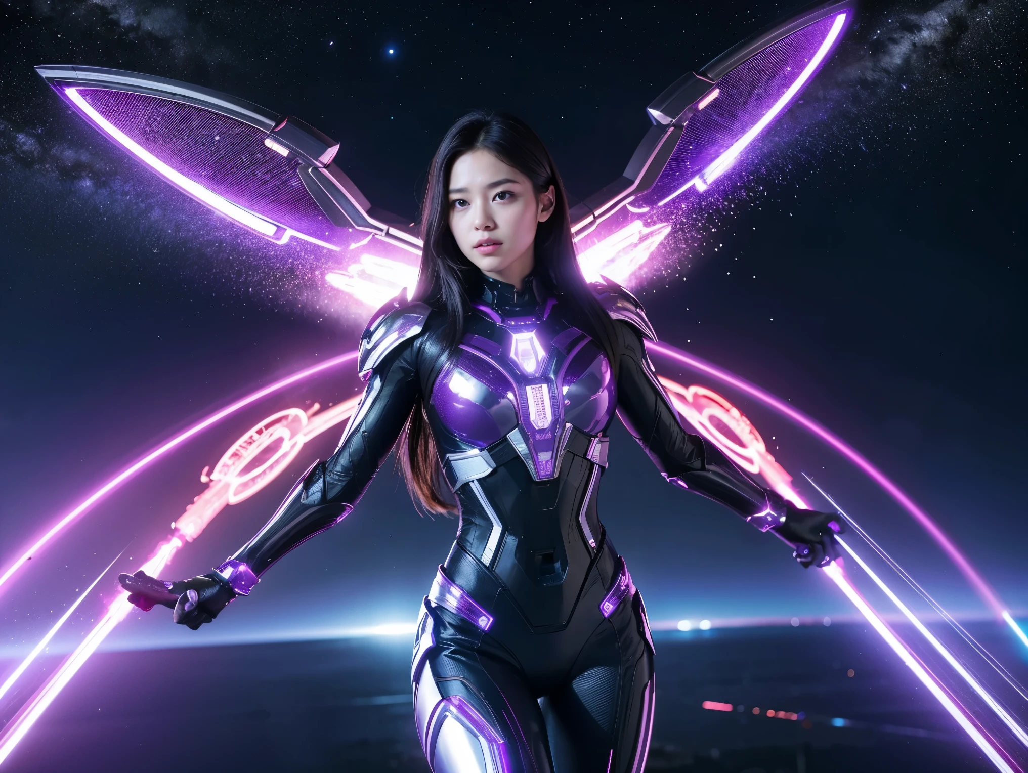 (RAW Photos, Highest quality), (Realistic, Photorealistic:1.3), 1 person、Realisticbody、Purple battle costume、Meteor warrior flying from space、Fighting the reptilian aliens、Shielded Reflector Laser、smile