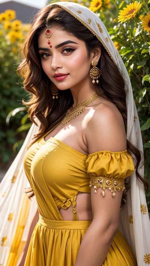 (((HD photo))), ultra high res.photorealistic:. 1.4, UHD, masterpiece, trending on artstation, portrait, 1girl, pretty, cute face, most beautiful in the world, soft, delicate, wavy blonde hair, large huge breasts, a vibrant Indian woman with olive skin and dark hair styled in loose waves. She has striking, almond-shaped eyes with bold eyebrows and intense,. Her lips are painted in a subtle, natural color, A carefree Pakistani woman with a contagious laugh lies amidst a field of brightly colored wildflowers. She wears a whimsical off-the-shoulder dress with floral patterns. The camera (50mm lens, unzoomed) captures her from a low angle, framing her against the vastness of the flower field. The sunlight creates a natural spotlight on her joyful expression