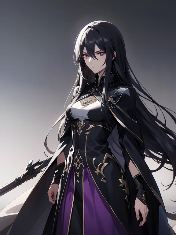 (Confused, high resolution, very detailed), 1 woman, black hair,long hair,Crimson eyes,Blue and black battle clothes,24th generation,beauty,mature,thin,quiet,careful,small smile,Long cloak,Slender and thin,skinny pants,grassland,hill,big bust, purple eyes