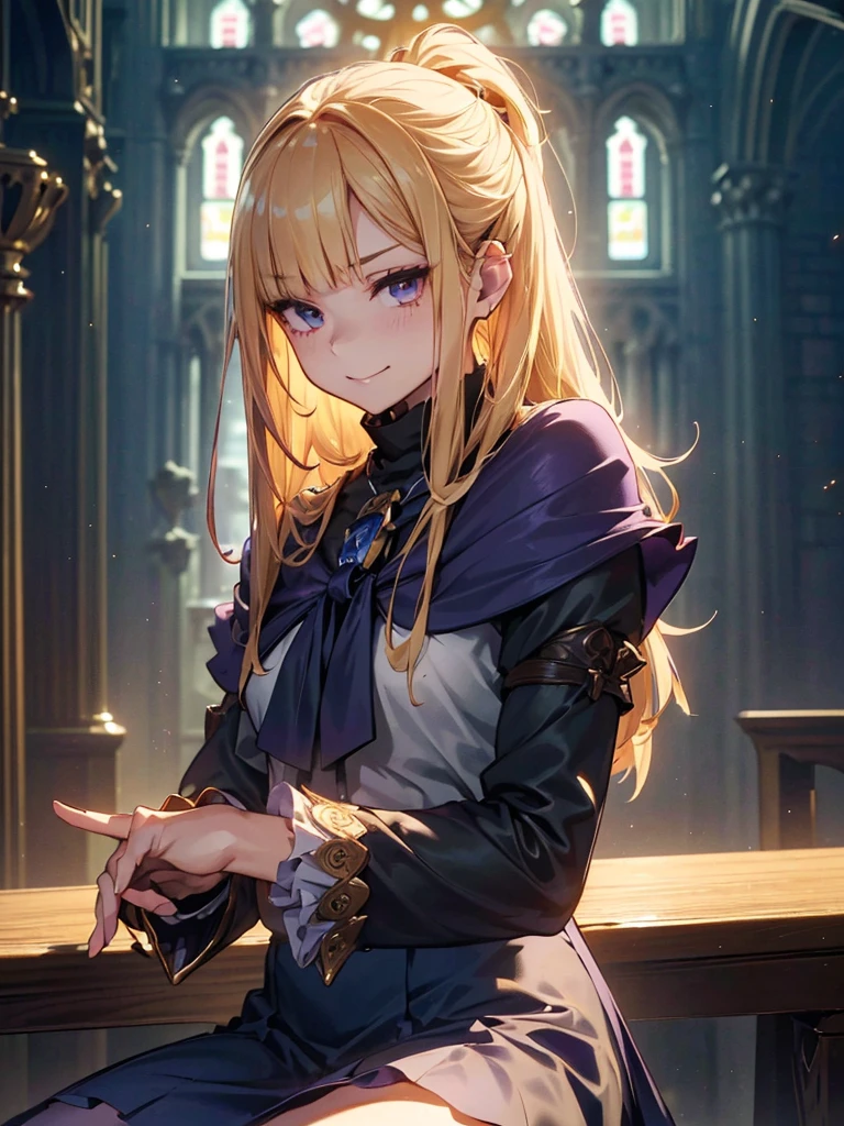 (Official Art、Highest quality、Unity 8k wallpaper、32K、masterpiece、Ultra-detailed、Ultra-high resolution、Realistic、Photorealistic:1.2)、(Cinema Lighting:1.2)、Mean face、Fierce eyes with red eyeliner、Cold Eyes、 Long eyelashes、Purple Eyes、 Fire Glow Effect、Film Grain、Best Shadow、Rim Light、Side light、Side Shot、(Highly detailed and intricate 3D rendering)、細部までBeautiful Faceと目、Sharp pupils、Realistic生徒、Slender、１men and women、Medium Bust、(whole body:1.2)、 Highly detailed background、Beautiful Face、Beautiful girl、(Highly detailed skin、Detailed skin texture:1.3)、(Half Blonde、Colorful Hair:1.3)、Blunt bangs、Purple Aijical girl costume、White shirt、Costumes with frills、Frilled Skirt、Knee socks、(Thighs Thighs Thighs Thighs:0.8)、Black boots、(Fantasyで美しい夜空、cathedral:1.4)、(Have a magic wand:1.3)、(From the side:1.3)、Fantasy、Wicked Smile、I opened my mouth a little.