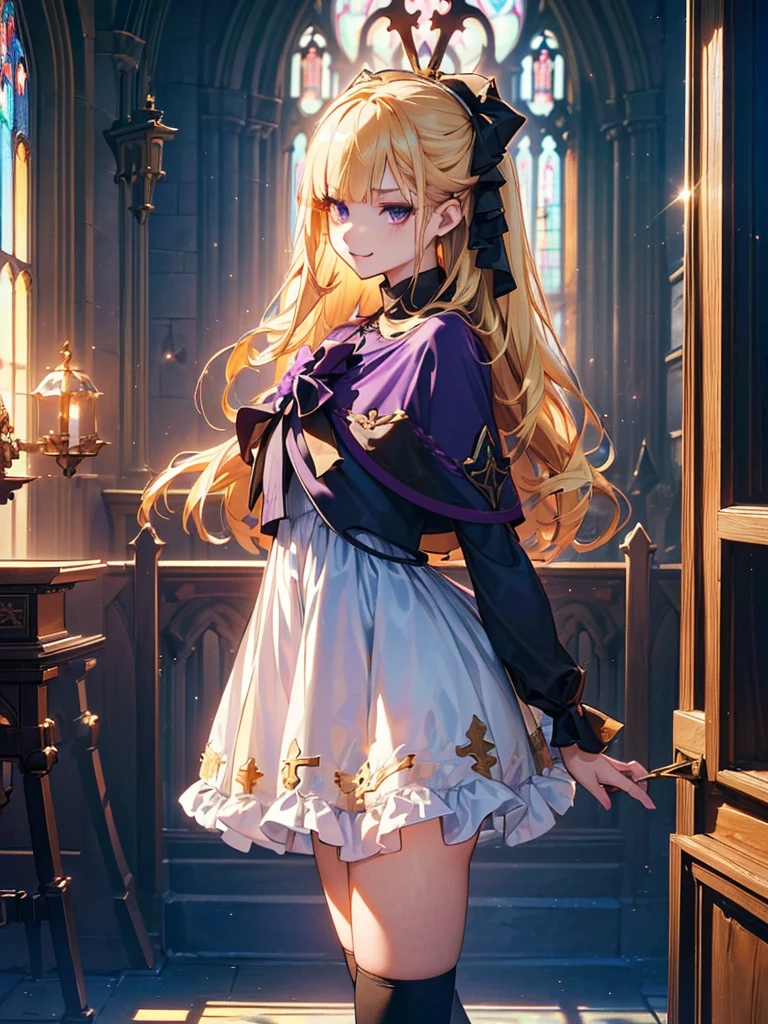 (Official Art、Highest quality、Unity 8k wallpaper、32K、masterpiece、Ultra-detailed、Ultra-high resolution、Realistic、Photorealistic:1.2)、(Cinema Lighting:1.2)、Mean face、Fierce eyes with red eyeliner、Cold Eyes、 Long eyelashes、Purple Eyes、 Fire Glow Effect、Film Grain、Best Shadow、Rim Light、Side light、Side Shot、(Highly detailed and intricate 3D rendering)、細部までBeautiful Faceと目、Sharp pupils、Realistic生徒、Slender、1men and women、Medium Bust、(whole body:1.2)、 Highly detailed background、Beautiful Face、Beautiful girl、(Highly detailed skin、Detailed skin texture:1.3)、(Half Blonde、Colorful Hair:1.3)、Blunt bangs、Purple Aijical girl costume、White shirt、Costumes with frills、Frilled Skirt、Knee socks、(Thighs Thighs Thighs Thighs:0.8)、Black boots、(Fantasyで美しい夜空、cathedral:1.4)、(Have a magic wand:1.3)、(From the side:1.3)、Fantasy、Wicked Smile、I opened my mouth a little.